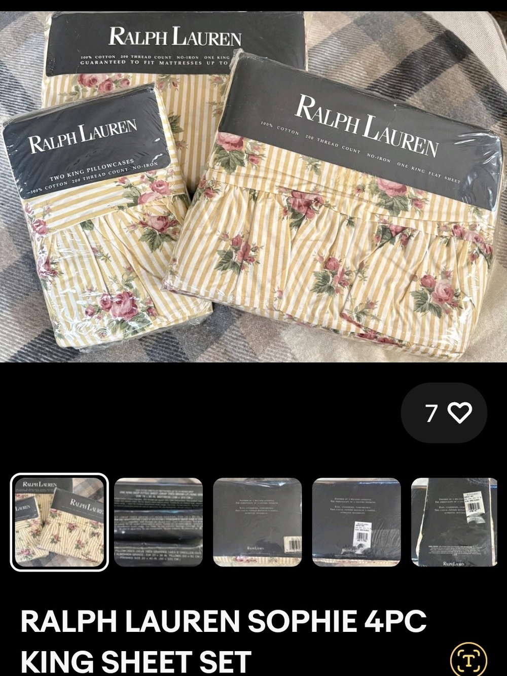 Ralph Lauren Yellow Stripe Rose Print King Sheet Set, Gently Used